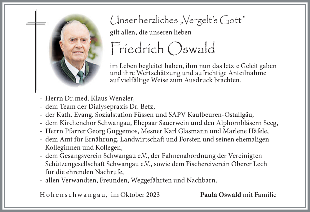  Traueranzeige für Friedrich Oswald vom 07.10.2023 aus Allgäuer Zeitung, Füssen