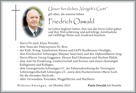 Traueranzeige von Friedrich Oswald von Allgäuer Zeitung, Füssen