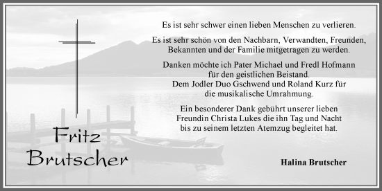 Traueranzeige von Fritz Brutscher von Allgäuer Zeitung, Füssen