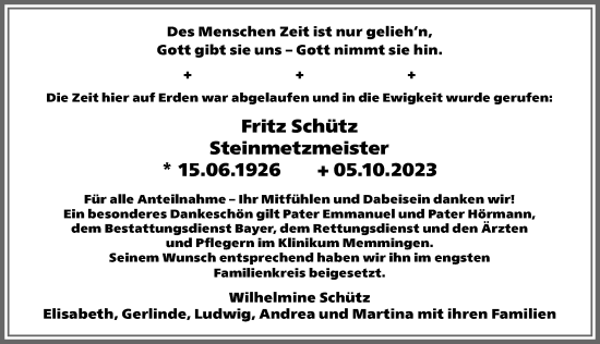 Traueranzeige von Fritz Schütz von Memminger Zeitung