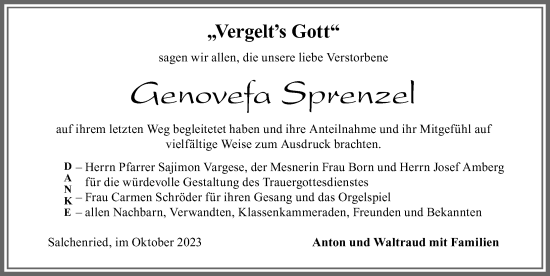 Traueranzeige von Genovefa Sprenzel von Allgäuer Zeitung, Marktoberdorf