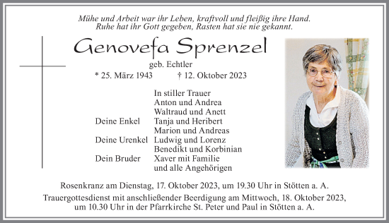 Traueranzeige von Genovefa Sprenzel von Allgäuer Zeitung, Marktoberdorf