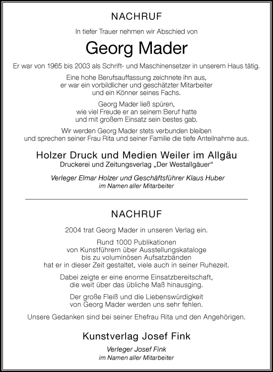 Traueranzeige von Georg Mader von Der Westallgäuer