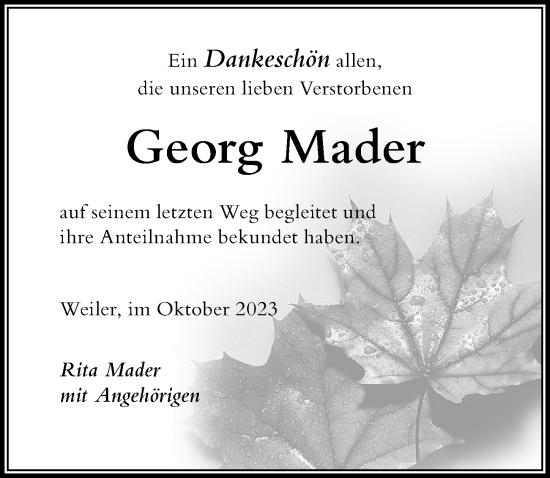 Traueranzeige von Georg Mader von Der Westallgäuer