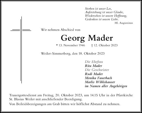 Traueranzeige von Georg Mader von Der Westallgäuer
