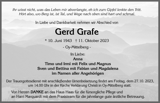 Traueranzeige von Gerd Grafe von Allgäuer Zeitung, Füssen