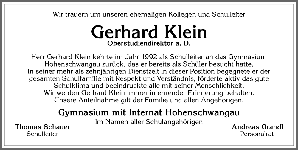  Traueranzeige für Gerhard Klein vom 21.10.2023 aus Allgäuer Zeitung, Füssen