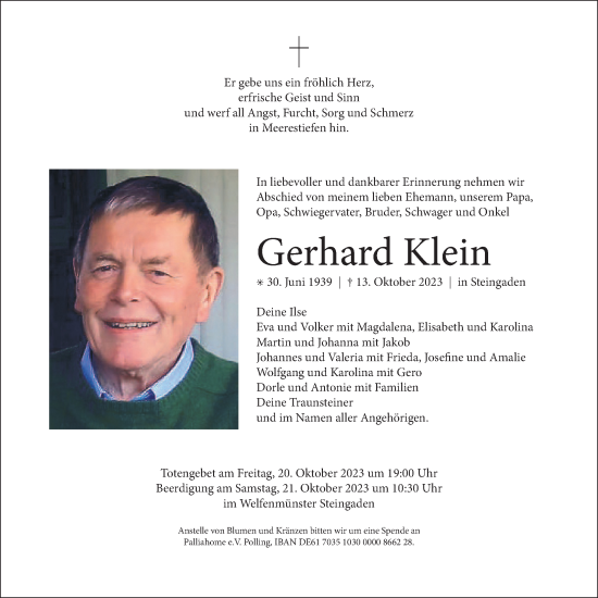 Traueranzeige von Gerhard Klein von Allgäuer Zeitung, Füssen