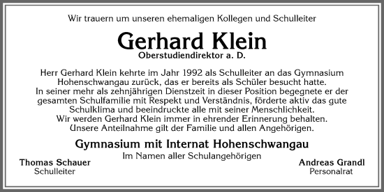 Traueranzeige von Gerhard Klein von Allgäuer Zeitung, Füssen