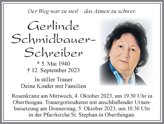 Traueranzeige von Gerlinde Schmidbauer-Schreiber von Allgäuer Zeitung, Marktoberdorf