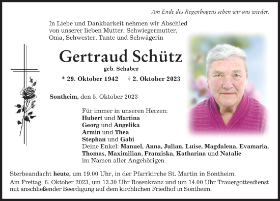 Traueranzeige von Gertraud Schütz von Memminger Zeitung