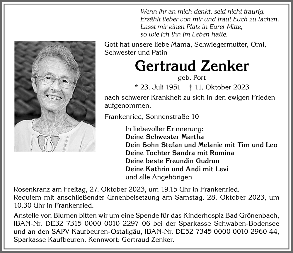  Traueranzeige für Gertraud Zenker vom 21.10.2023 aus Allgäuer Zeitung, Kaufbeuren/Buchloe