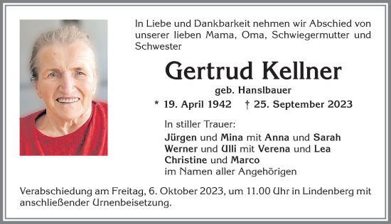 Traueranzeige von Gertrud Kellner von Allgäuer Zeitung, Kaufbeuren/Buchloe