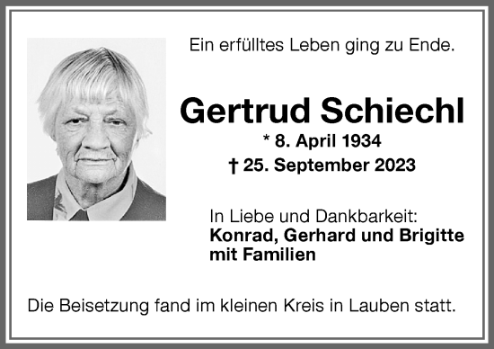 Traueranzeige von Gertrud Schiechl von Allgäuer Zeitung,Kempten