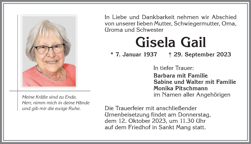  Traueranzeige für Gisela Gail vom 07.10.2023 aus Allgäuer Zeitung,Kempten