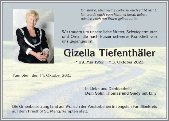 Traueranzeige von Gizella Tiefenthäler von Allgäuer Zeitung,Kempten