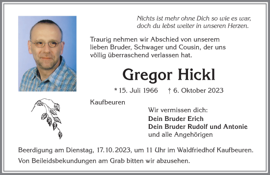 Traueranzeige von Gregor Hickl von Allgäuer Zeitung, Kaufbeuren/Buchloe