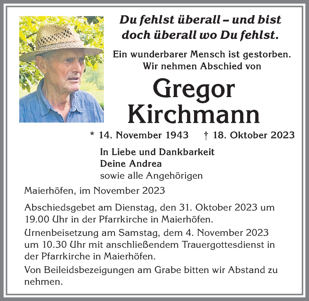  Traueranzeige für Gregor Kirchmann vom 28.10.2023 aus Der Westallgäuer