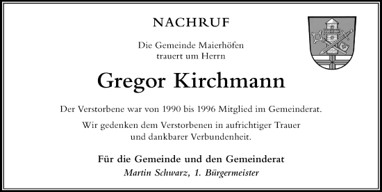 Traueranzeige von Gregor Kirchmann von Der Westallgäuer
