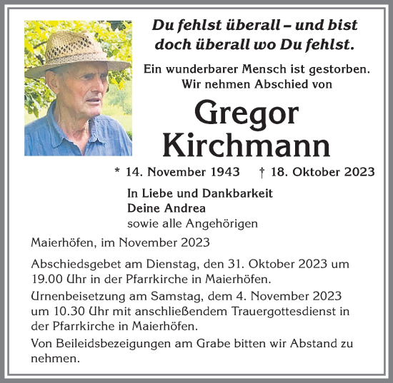 Traueranzeige von Gregor Kirchmann von Der Westallgäuer