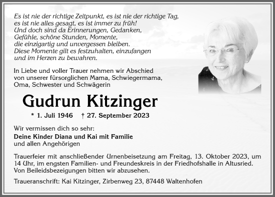 Traueranzeige von Gudrun Kitzinger von Allgäuer Zeitung,Kempten