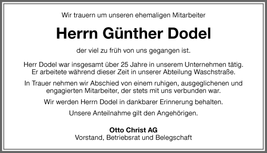 Traueranzeige von Günther Dodel von Memminger Zeitung
