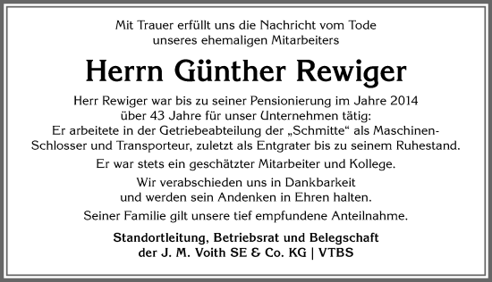 Traueranzeige von Günther Rewiger von Allgäuer Anzeigeblatt