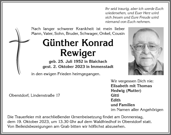Traueranzeige von Günther Konrad Rewiger von Allgäuer Anzeigeblatt