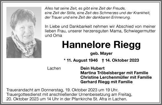 Traueranzeige von Hannelore Riegg von Memminger Zeitung