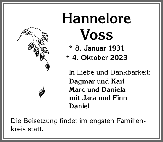 Traueranzeige von Hannelore Voss von Allgäuer Zeitung,Kempten