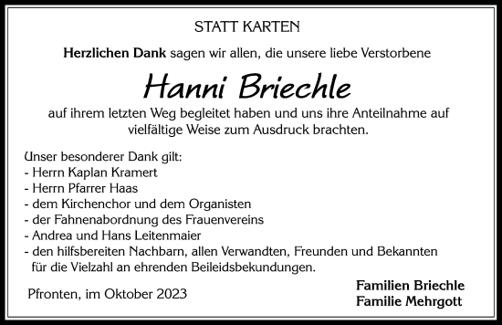 Traueranzeige von Hanni Briechle von Allgäuer Zeitung, Füssen