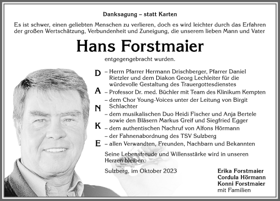 Traueranzeige von Hans Forstmaier von Allgäuer Zeitung,Kempten