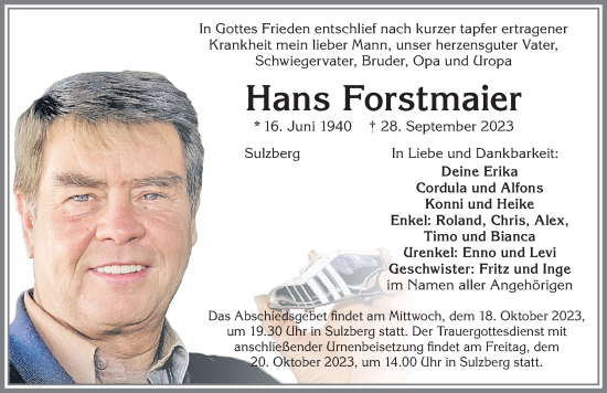 Traueranzeige von Hans Forstmaier von Allgäuer Anzeigeblatt