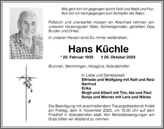 Traueranzeige von Hans Küchle von Memminger Zeitung