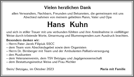 Traueranzeige von Hans Kuhn von Allgäuer Zeitung,Kempten
