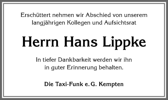 Traueranzeige von Hans Lippke von Allgäuer Zeitung,Kempten
