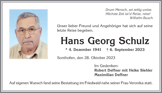Traueranzeige von Hans Georg Schulz von Allgäuer Anzeigeblatt