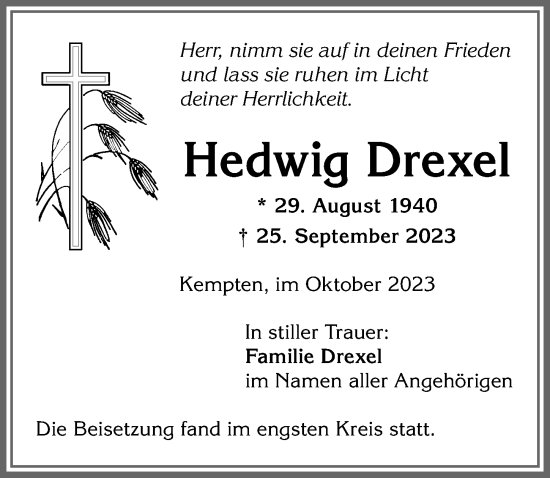 Traueranzeige von Hedwig Drexel von Allgäuer Zeitung,Kempten