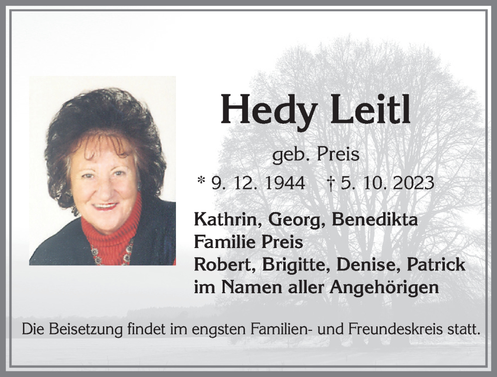  Traueranzeige für Hedy Leitl vom 14.10.2023 aus Allgäuer Zeitung, Füssen