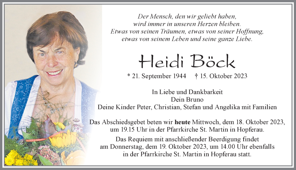  Traueranzeige für Heidi Böck vom 18.10.2023 aus Allgäuer Zeitung, Füssen