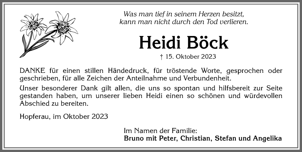  Traueranzeige für Heidi Böck vom 26.10.2023 aus Allgäuer Zeitung, Füssen