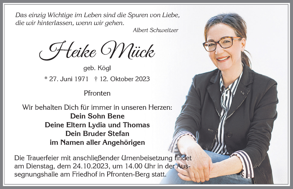  Traueranzeige für Heike Mück vom 20.10.2023 aus Allgäuer Zeitung, Füssen