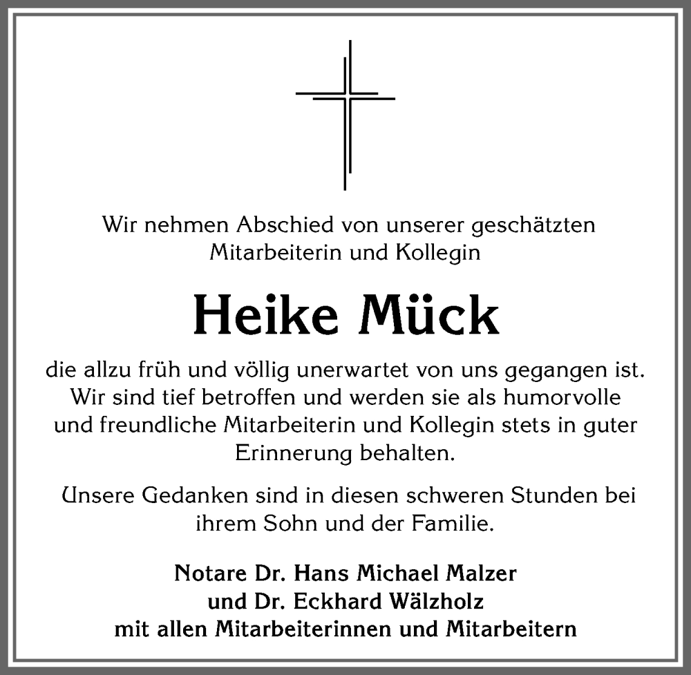  Traueranzeige für Heike Mück vom 23.10.2023 aus Allgäuer Zeitung, Füssen