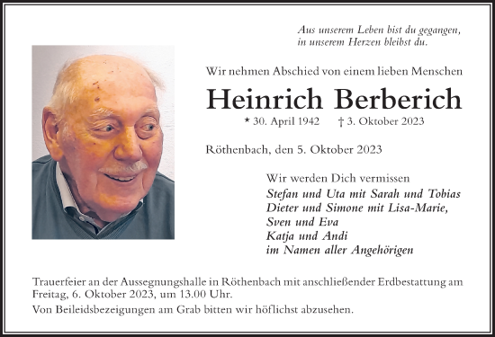 Traueranzeige von Heinrich Berberich von Der Westallgäuer