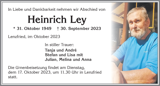 Traueranzeige von Heinrich Ley von Allgäuer Zeitung,Kempten