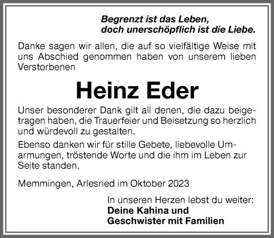 Traueranzeige von Heinz Eder von Memminger Zeitung