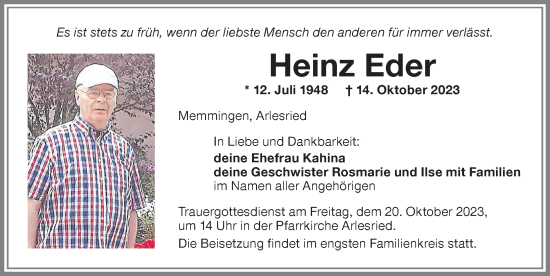 Traueranzeige von Heinz Eder von Memminger Zeitung
