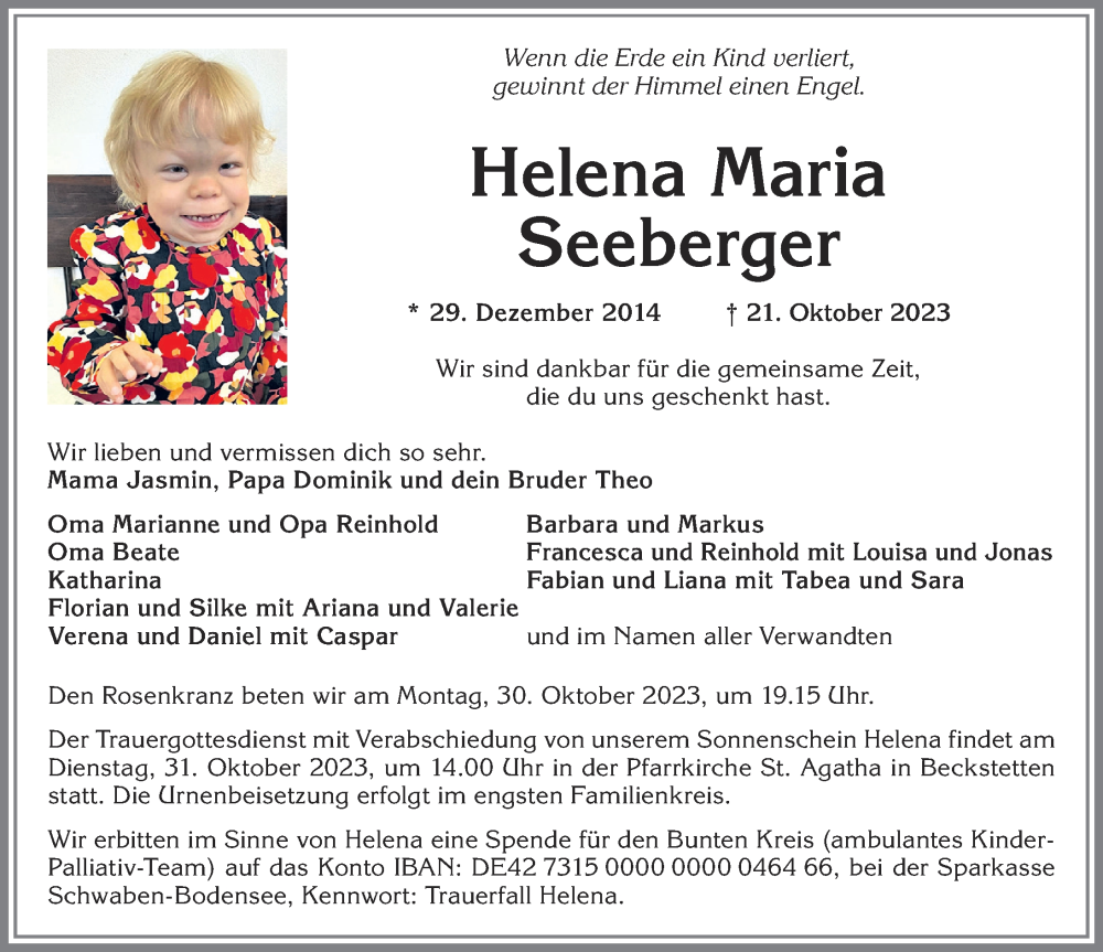  Traueranzeige für Helena Maria Seeberger vom 28.10.2023 aus Allgäuer Zeitung, Kaufbeuren/Buchloe