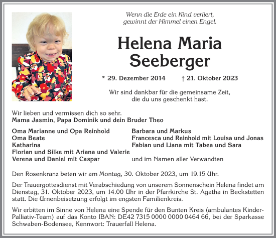 Traueranzeige von Helena Maria Seeberger von Allgäuer Zeitung, Kaufbeuren/Buchloe
