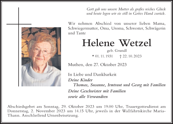 Traueranzeige von Helene Wetzel von Der Westallgäuer